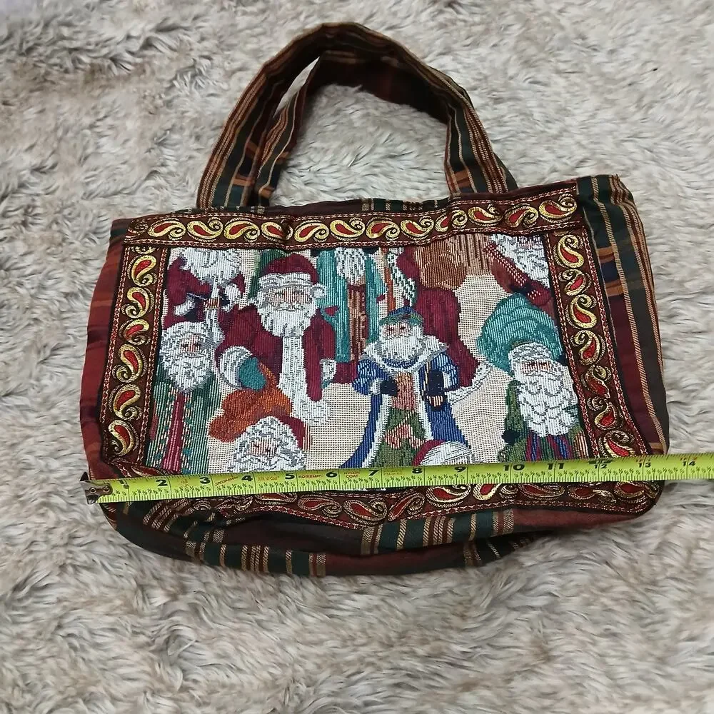 Vintage Tapestry Christmas Santa Tote Bag Holiday Plaid Striped Fabric Hook Loop